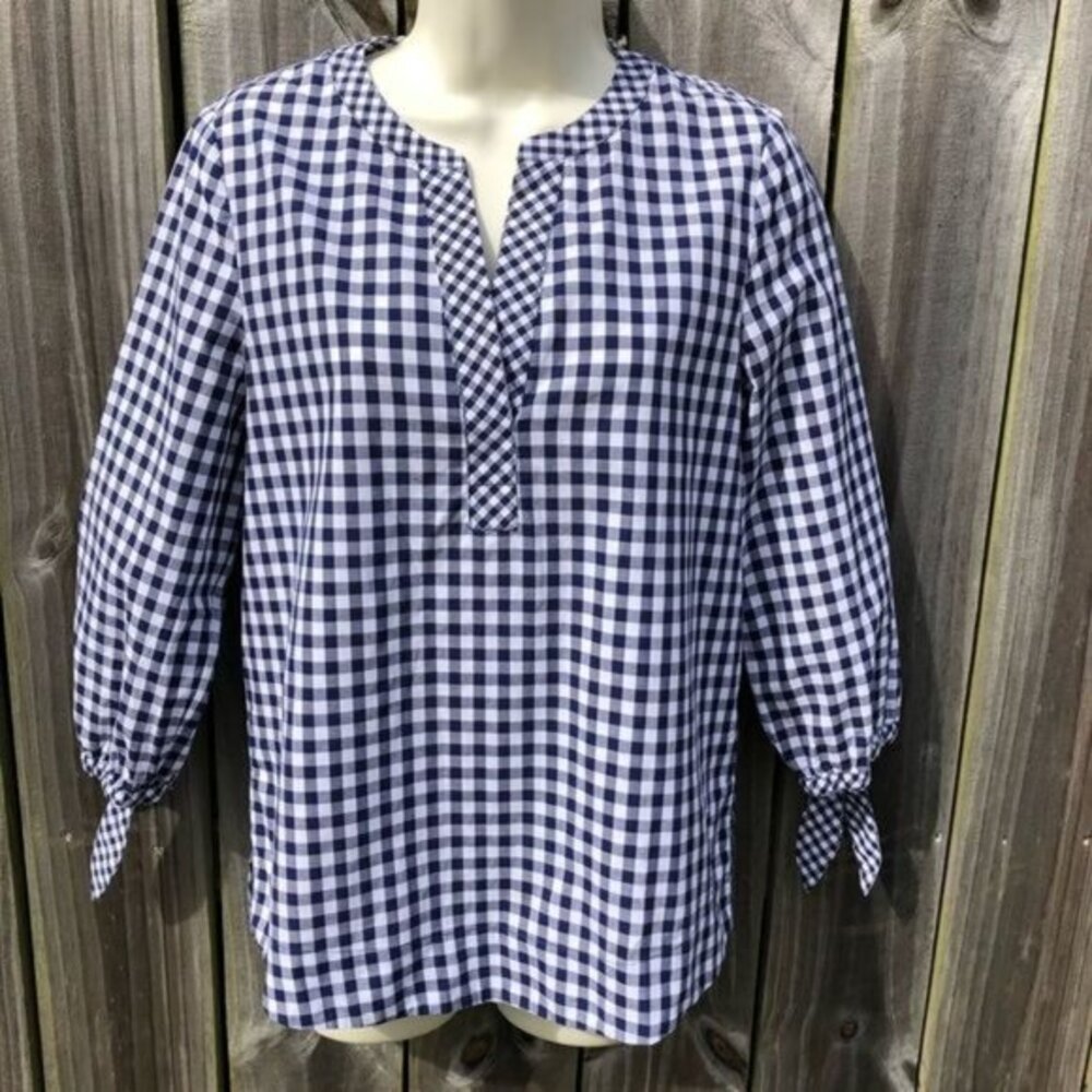 Vineyard Vines XS Gingham Top White Blue 3/4 Tie Sleeve